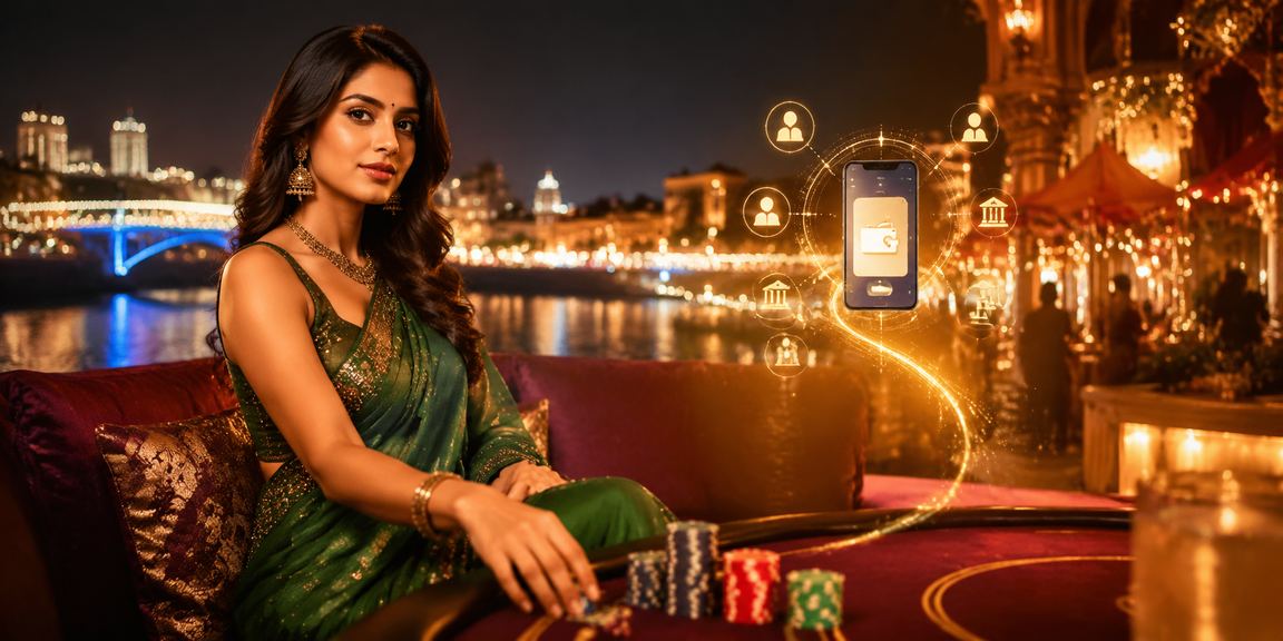 Woman using mobile payment near Ahmedabad riverfront in traditional saree