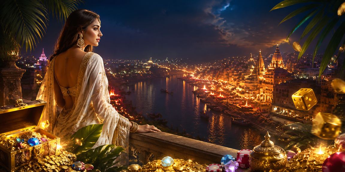 Woman in saree enjoying card betting near Varanasi ghats